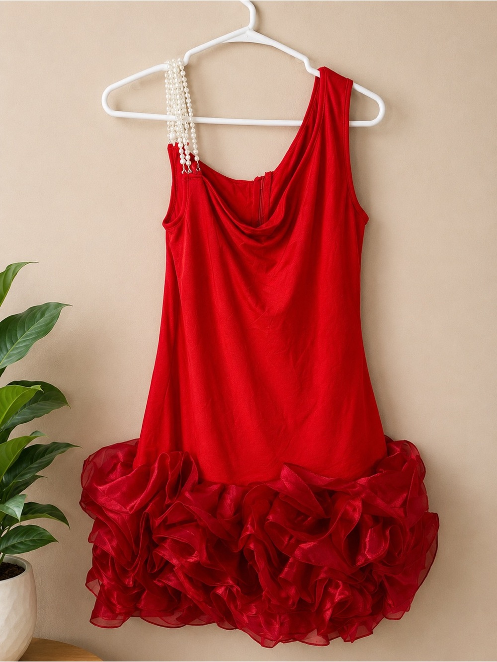 Red One-Shoulder Ruffle Hem Party Dress - Picture 2 of 6